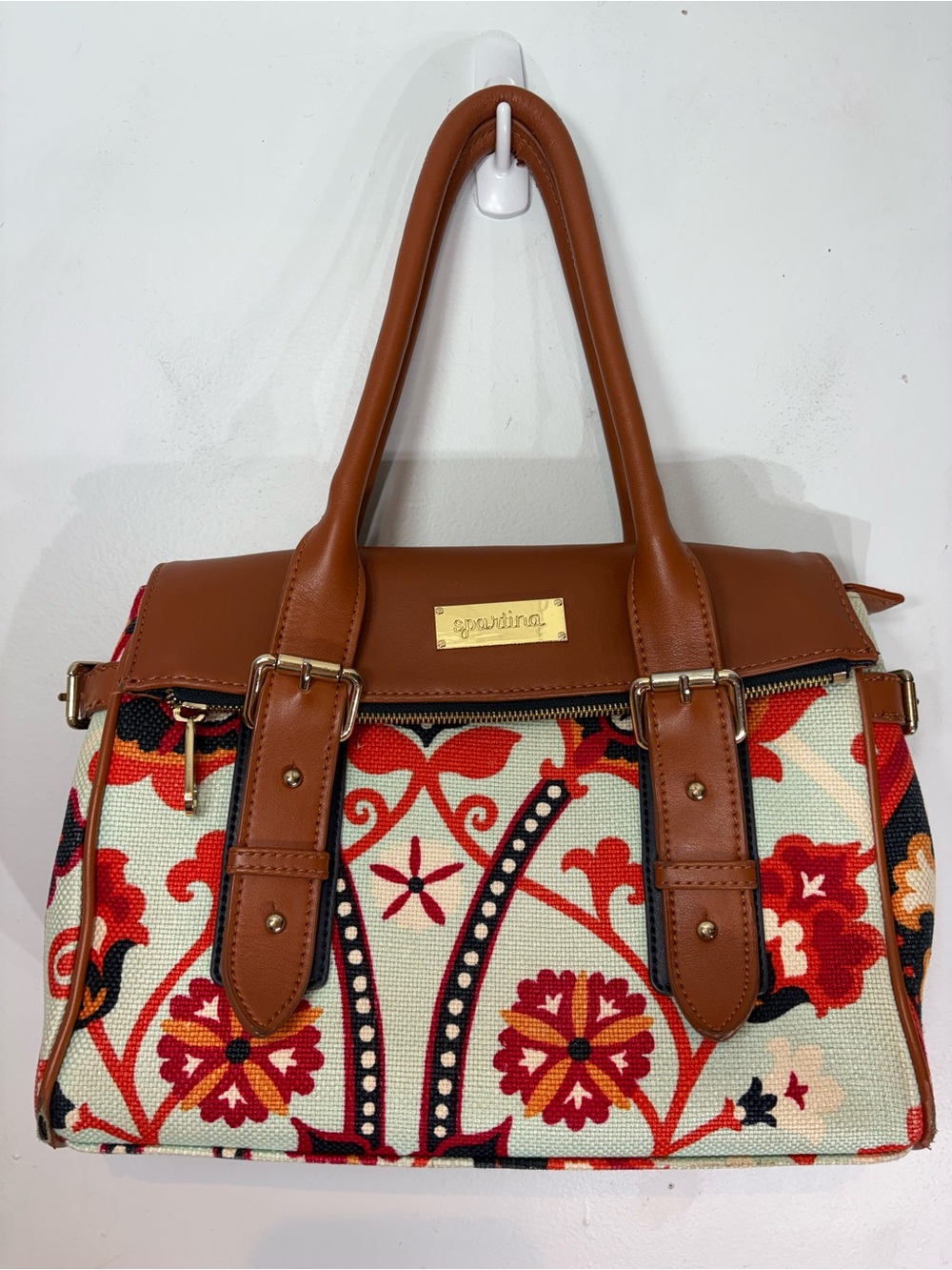 Spartina 449 Amelia Satchel Daufuskie Island Floral Linen Leather Bag